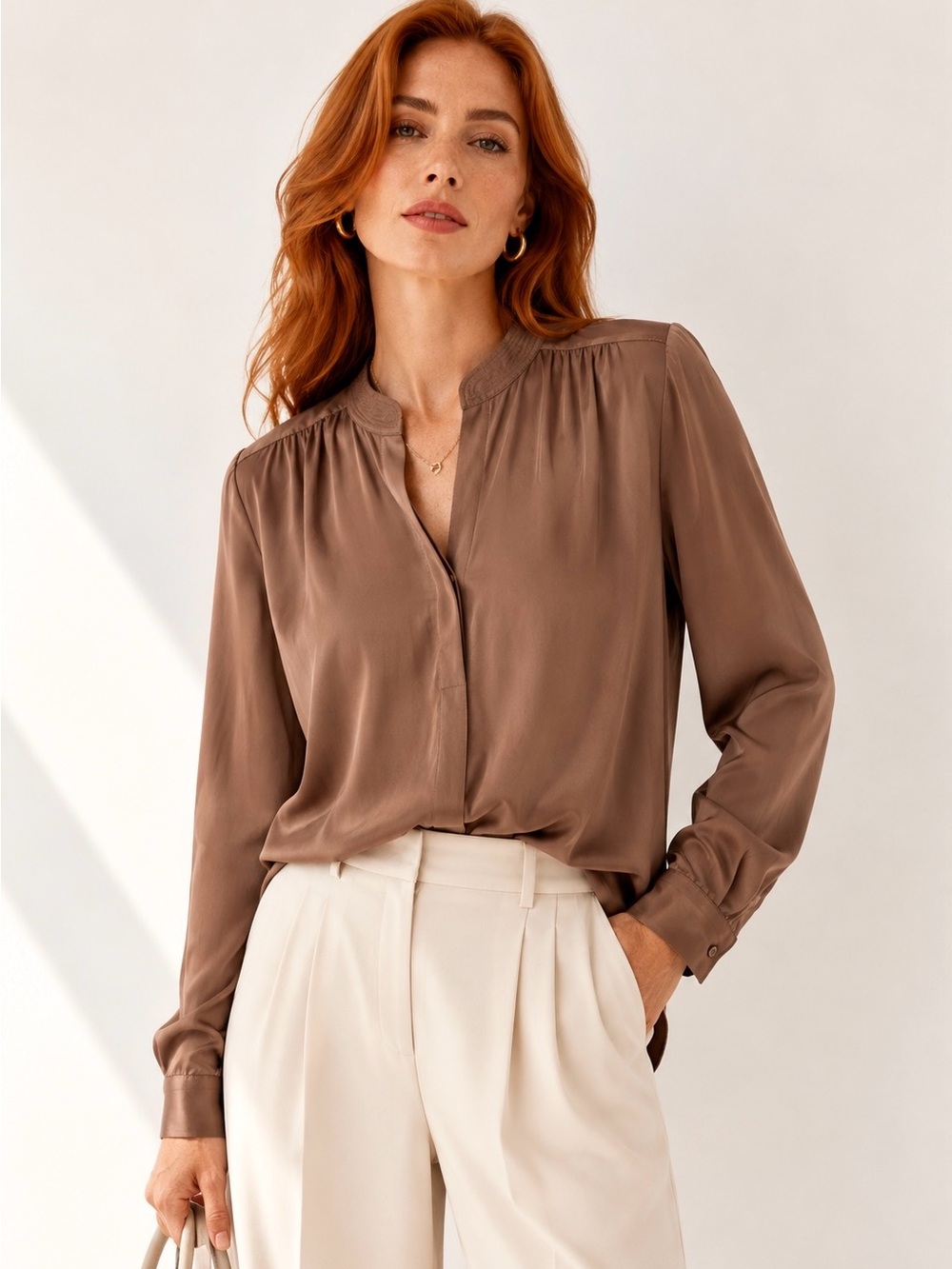 The Reset R Label Taupe Brown Satin Band Collar Draped Blouse Sz Small